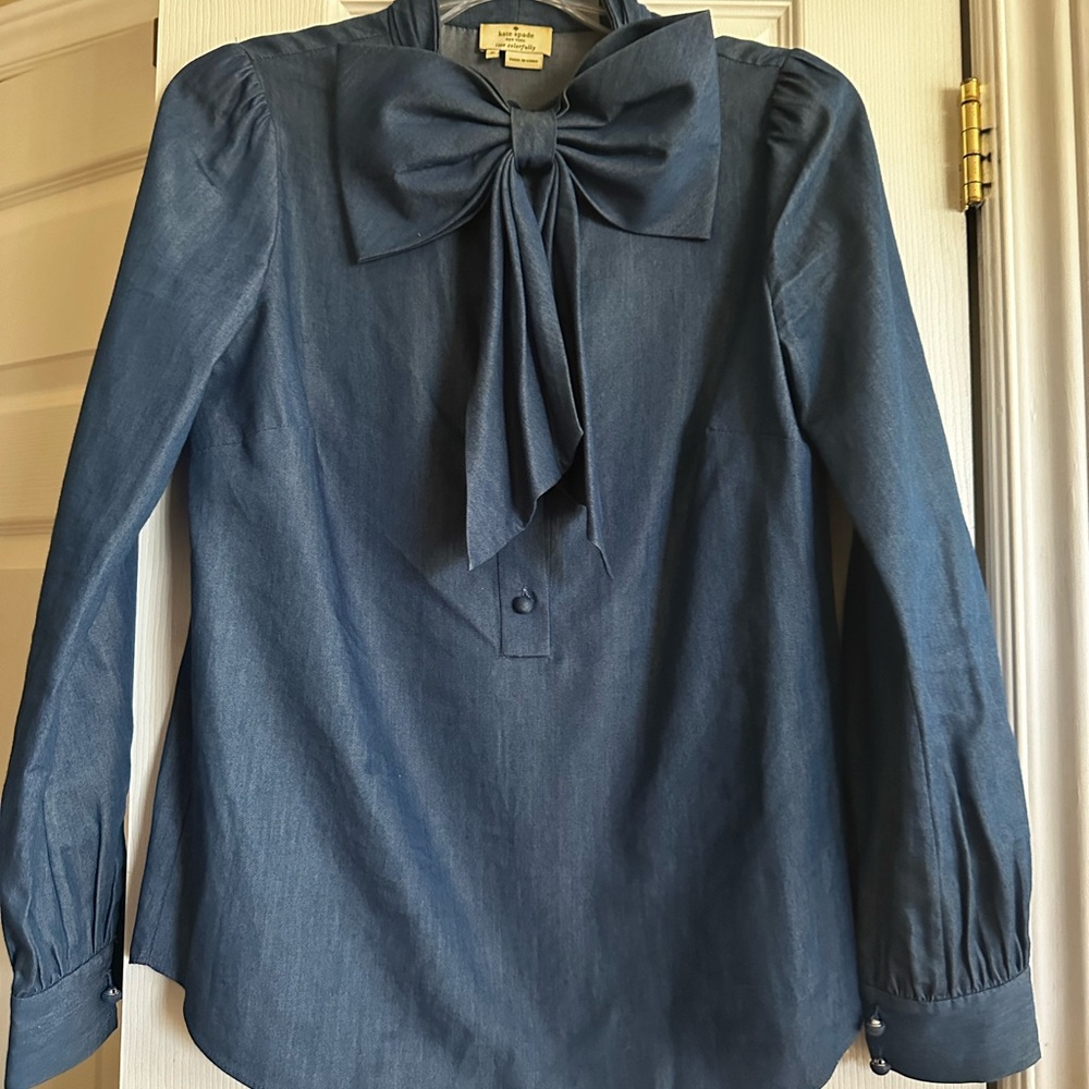 Kate Spade Blue Puff Sleeve Blouse with Tie Front